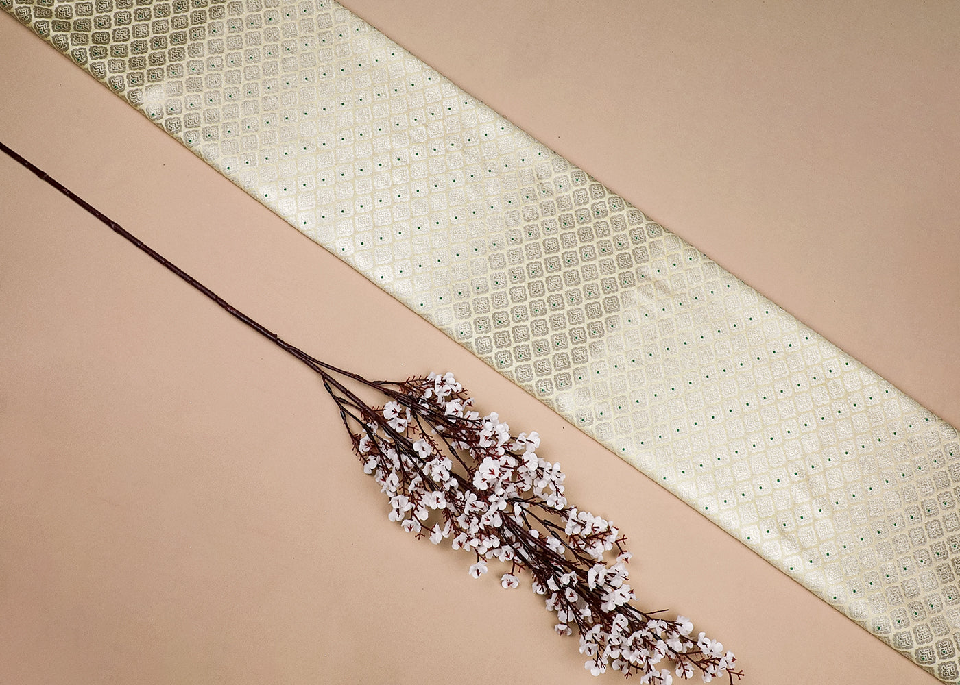 Cream Banarasi Brocade Fabric With All Over Golden Zari And Thread Handloom 16783