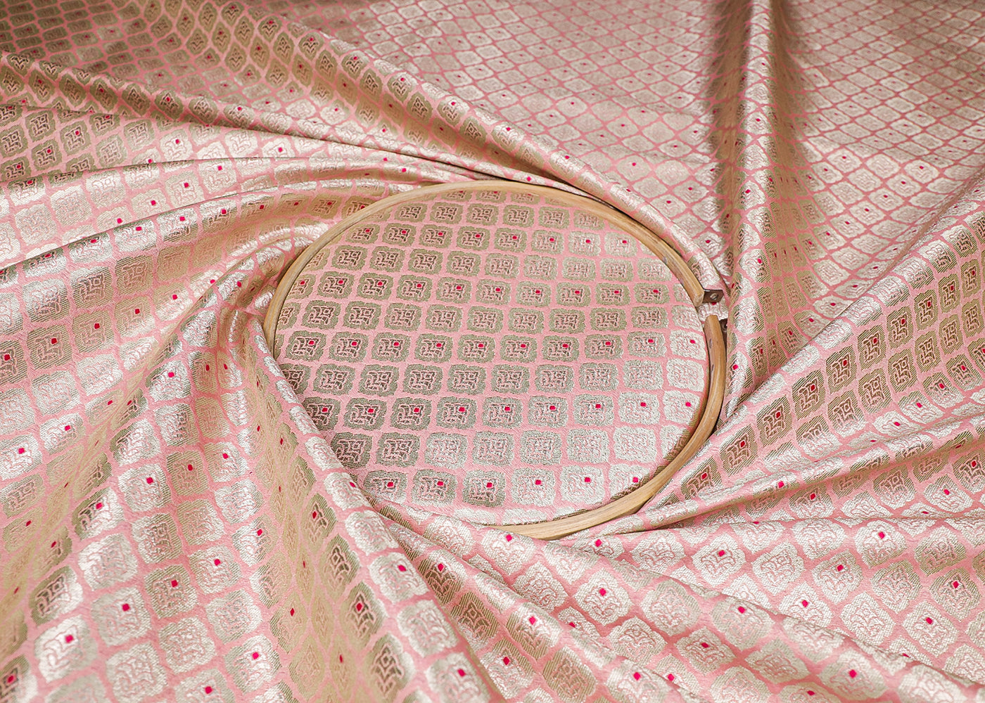 Light Pink Banarasi Brocade Fabric With All Over Golden Zari And Thread Handloom 16784