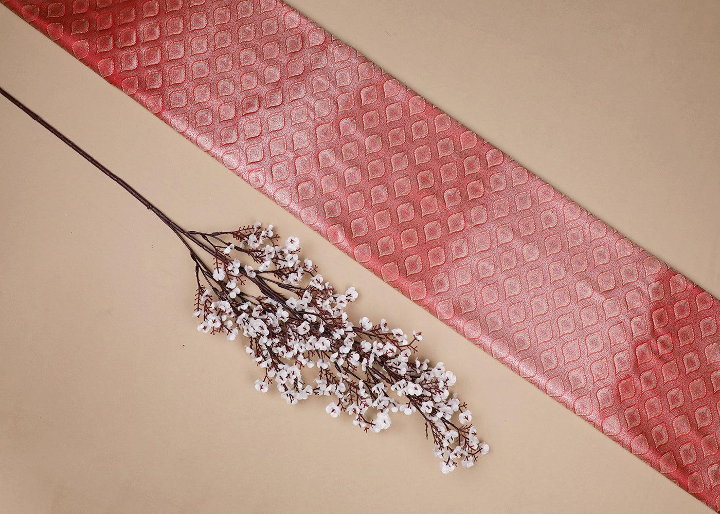 Red Banarasi Brocade Fabric With All Over Golden Zari And Thread Handloom 16785