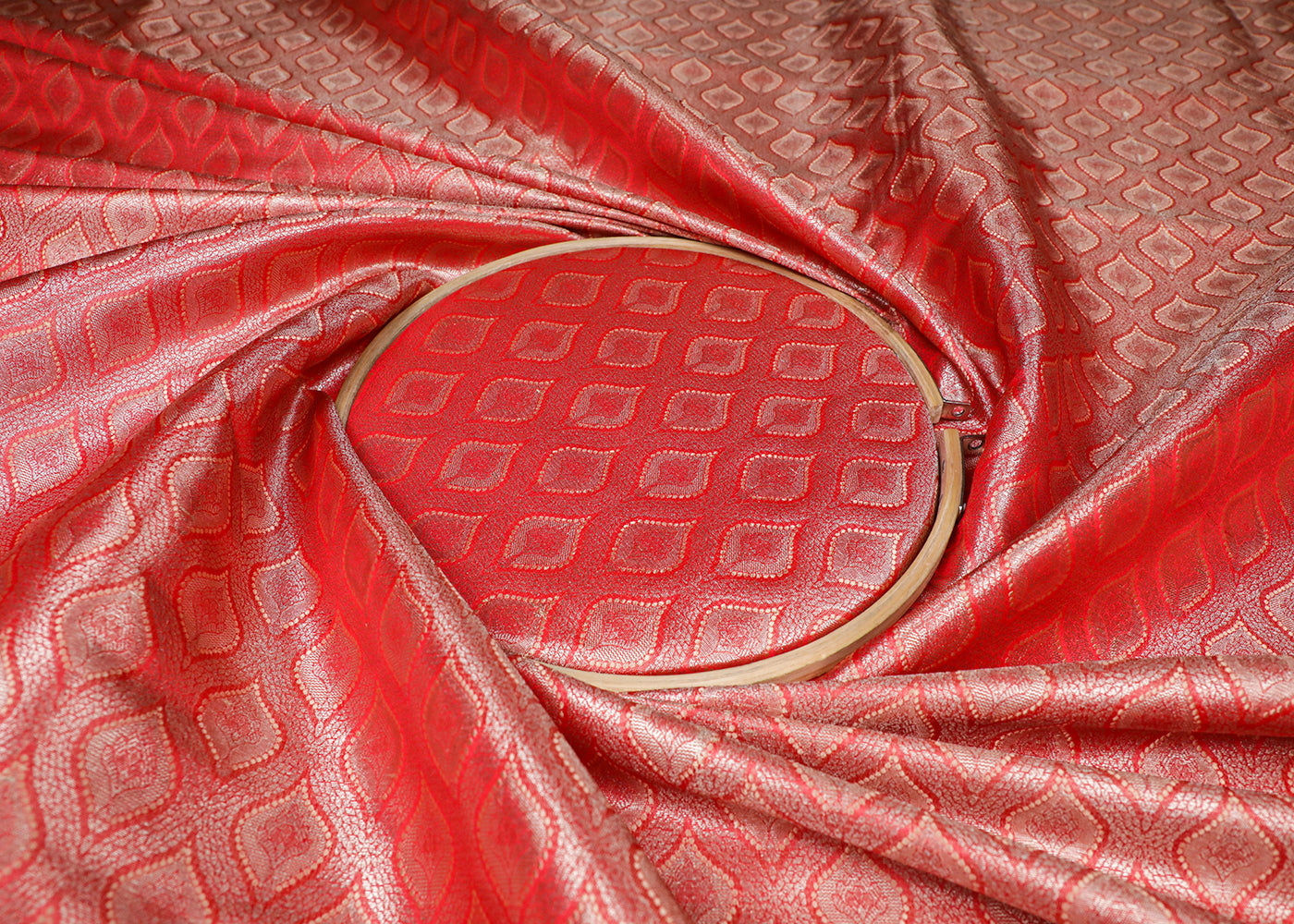 Red Banarasi Brocade Fabric With All Over Golden Zari And Thread Handloom 16785