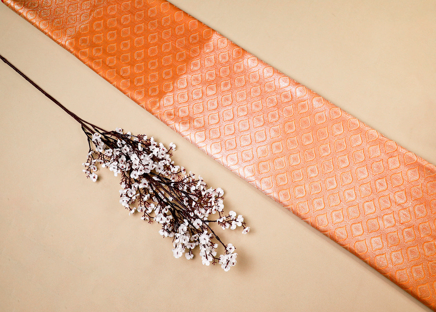 Orange Banarasi Brocade Fabric With All Over Thread And Golden Zari Handloom 16788