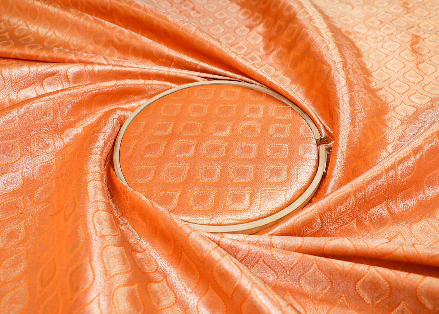 Orange Banarasi Brocade Fabric With All Over Thread And Golden Zari Handloom 16788