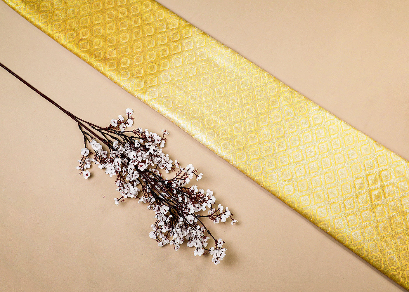 Yellow Banarasi Brocade Fabric With All Over Thread And Golden Zari Handloom 16789