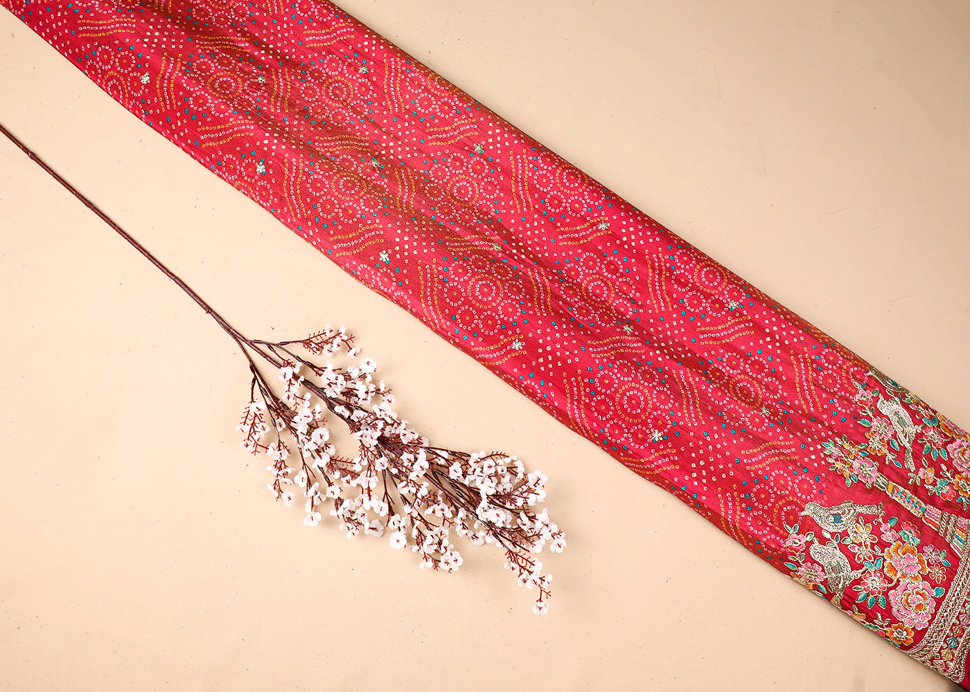 Pink Tissue Fabric With All Over Bandhani Print, Thread, Sequins And Zari Work With One Side Border 16792