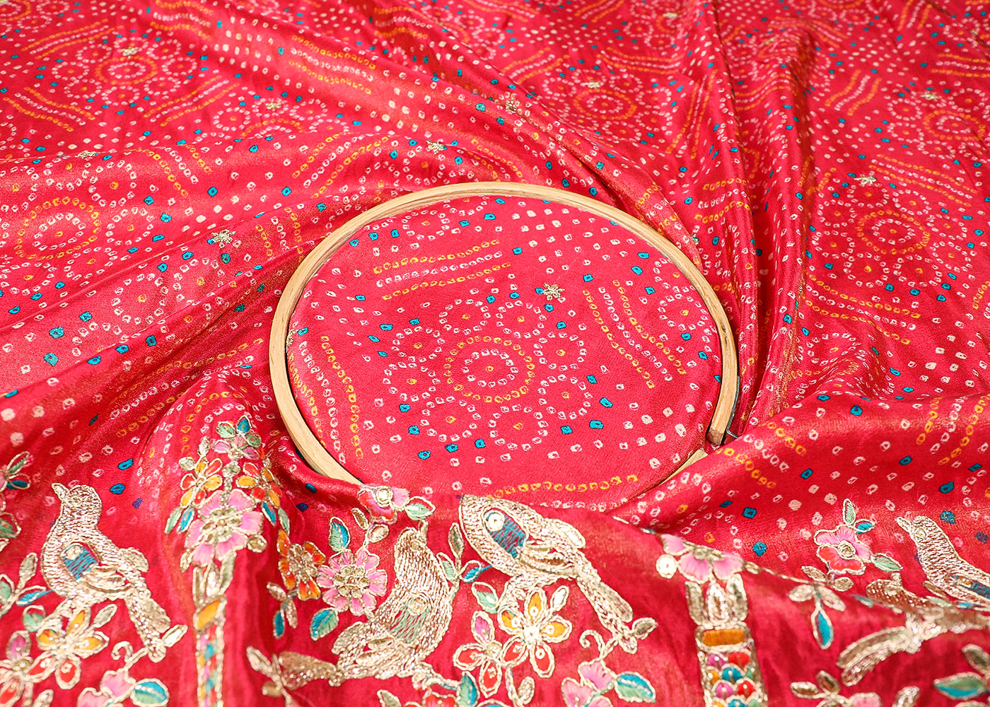 Pink Tissue Fabric With All Over Bandhani Print, Thread, Sequins And Zari Work With One Side Border 16792