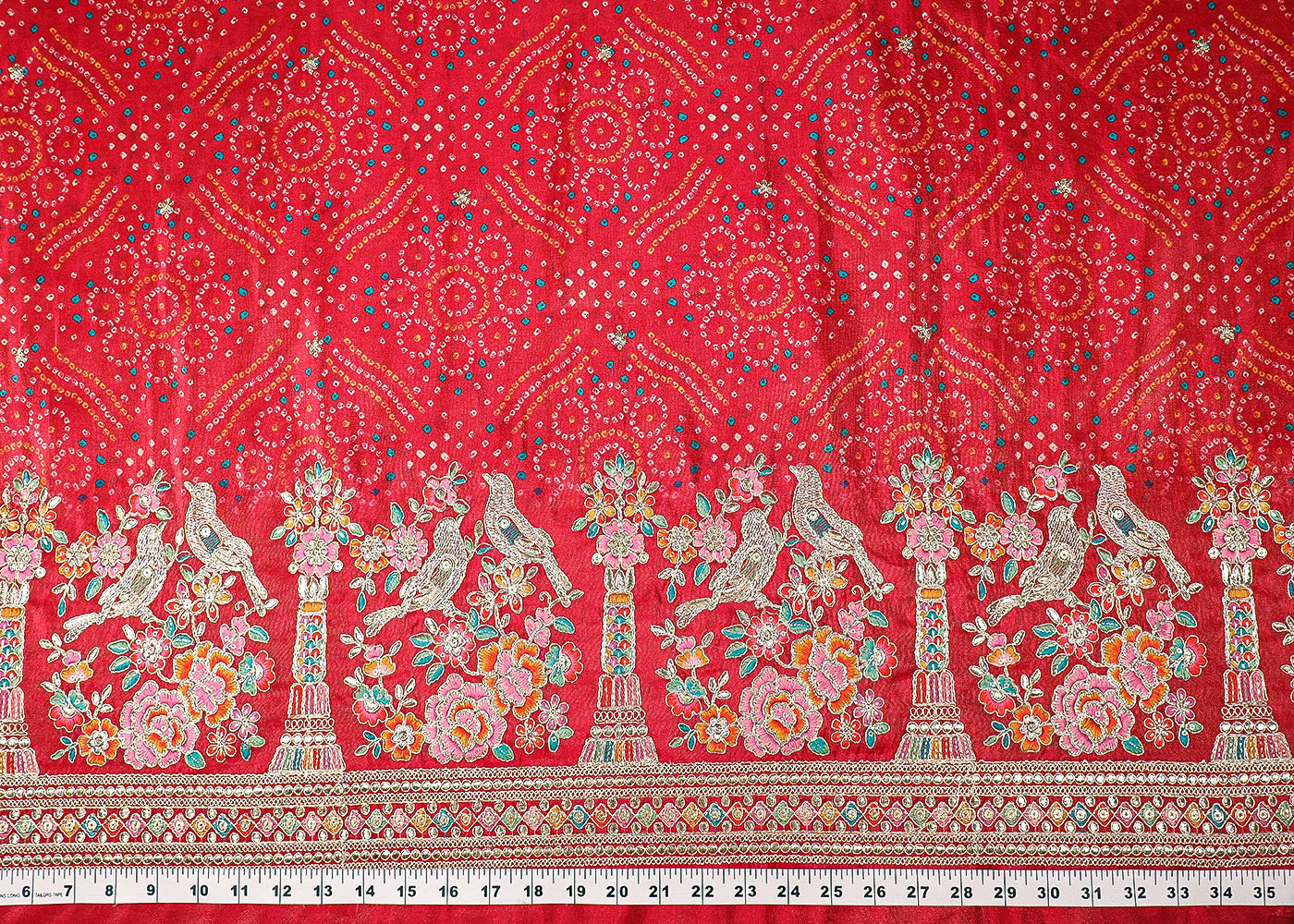 Pink Tissue Fabric With All Over Bandhani Print, Thread, Sequins And Zari Work With One Side Border 16792