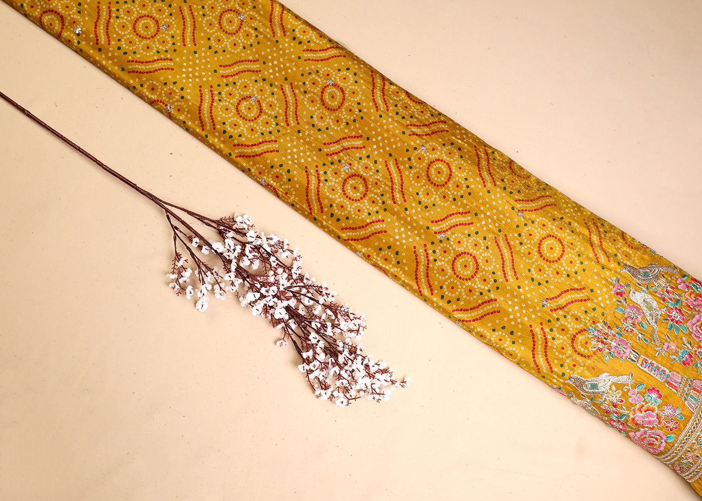 Yellow Tissue Fabric With All Over Bandhani Print, Thread, Sequins And Zari Work With One Side Border 16793