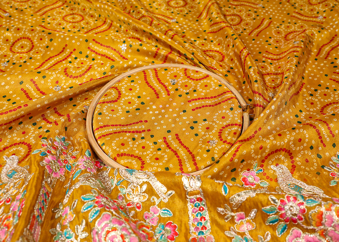 Yellow Tissue Fabric With All Over Bandhani Print, Thread, Sequins And Zari Work With One Side Border 16793