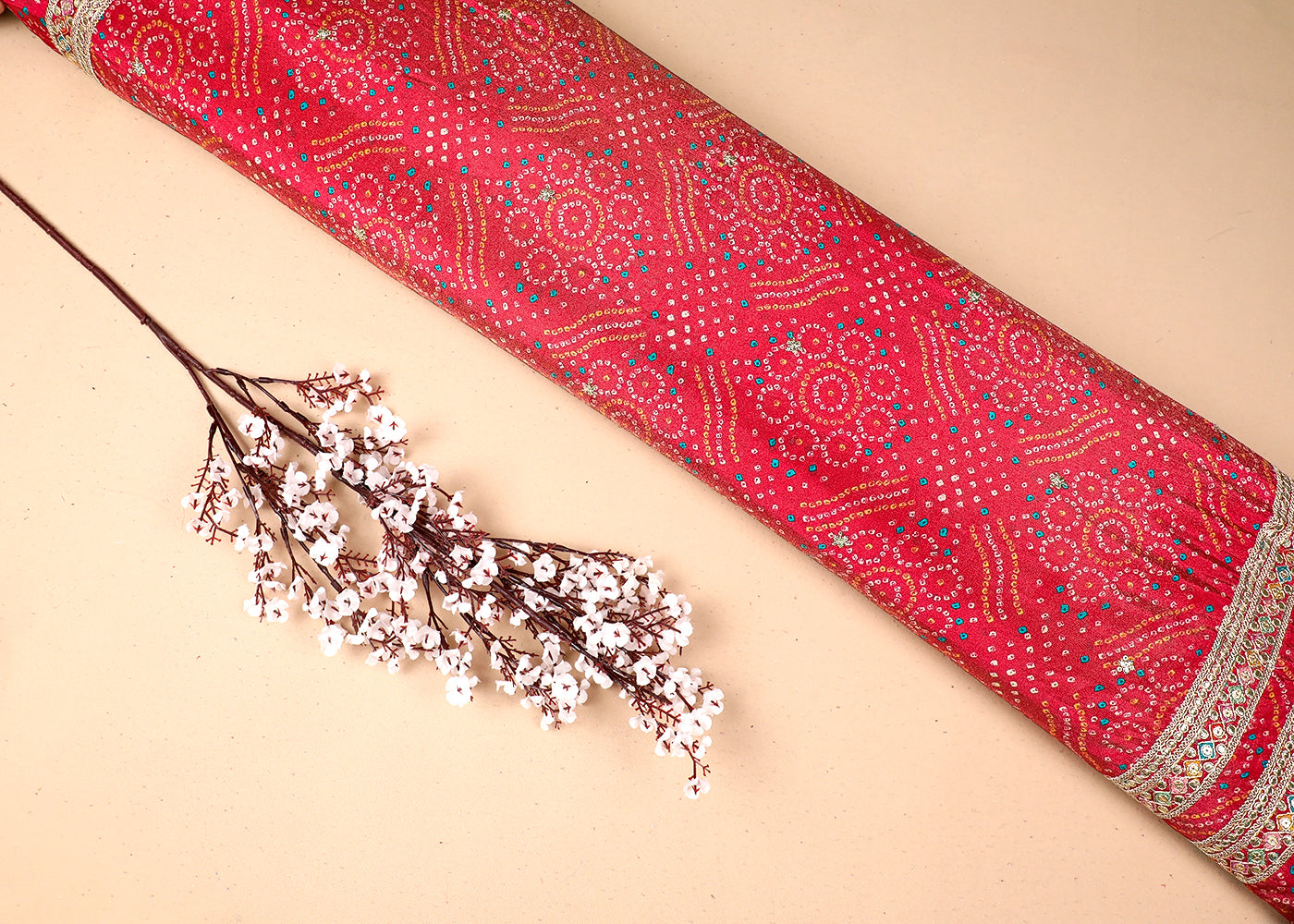 Purple Tissue Fabric With All Over Bandhani Print, Thread, Sequins And Zari Work With One Side Border 16794