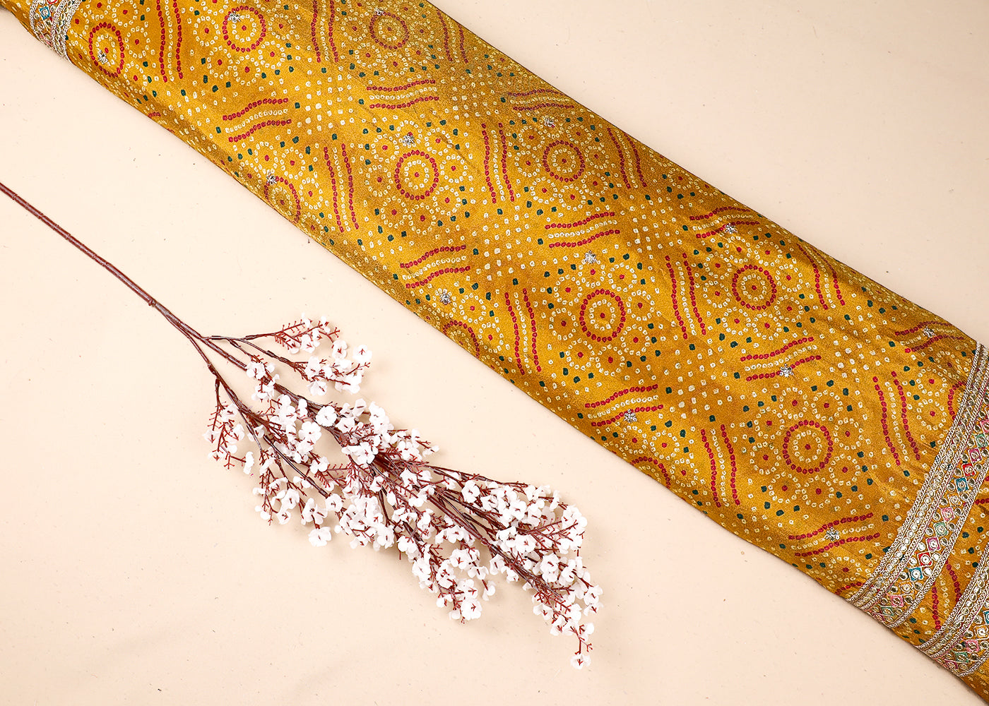 Yellow Tissue Fabric With All Over Bandhani Print, Thread, Sequins And Zari Work With One Side Border 16795