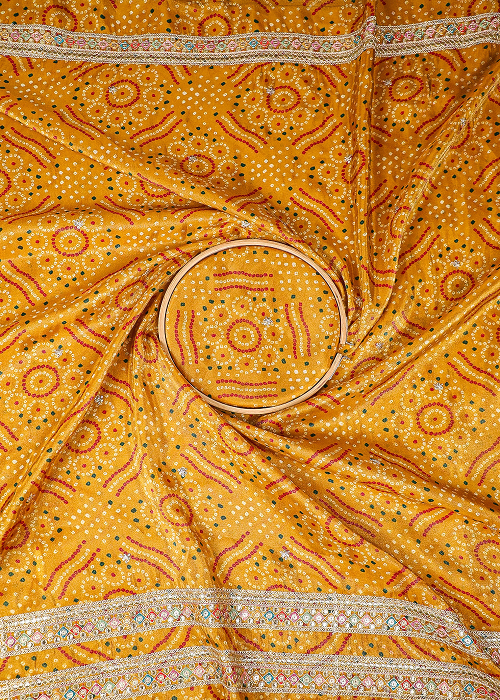 Yellow-Tissue-Fabric-With-All-Over-Bandhani-Print,-Thread,-Sequins-And-Zari-Work-With-One-Side-Border-16795-close-view