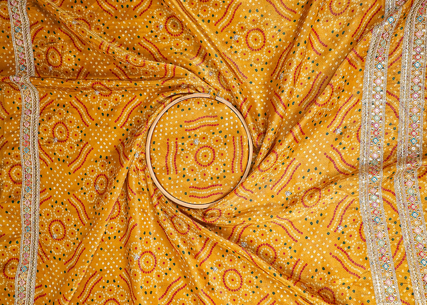 Yellow Tissue Fabric With All Over Bandhani Print, Thread, Sequins And Zari Work With One Side Border 16795