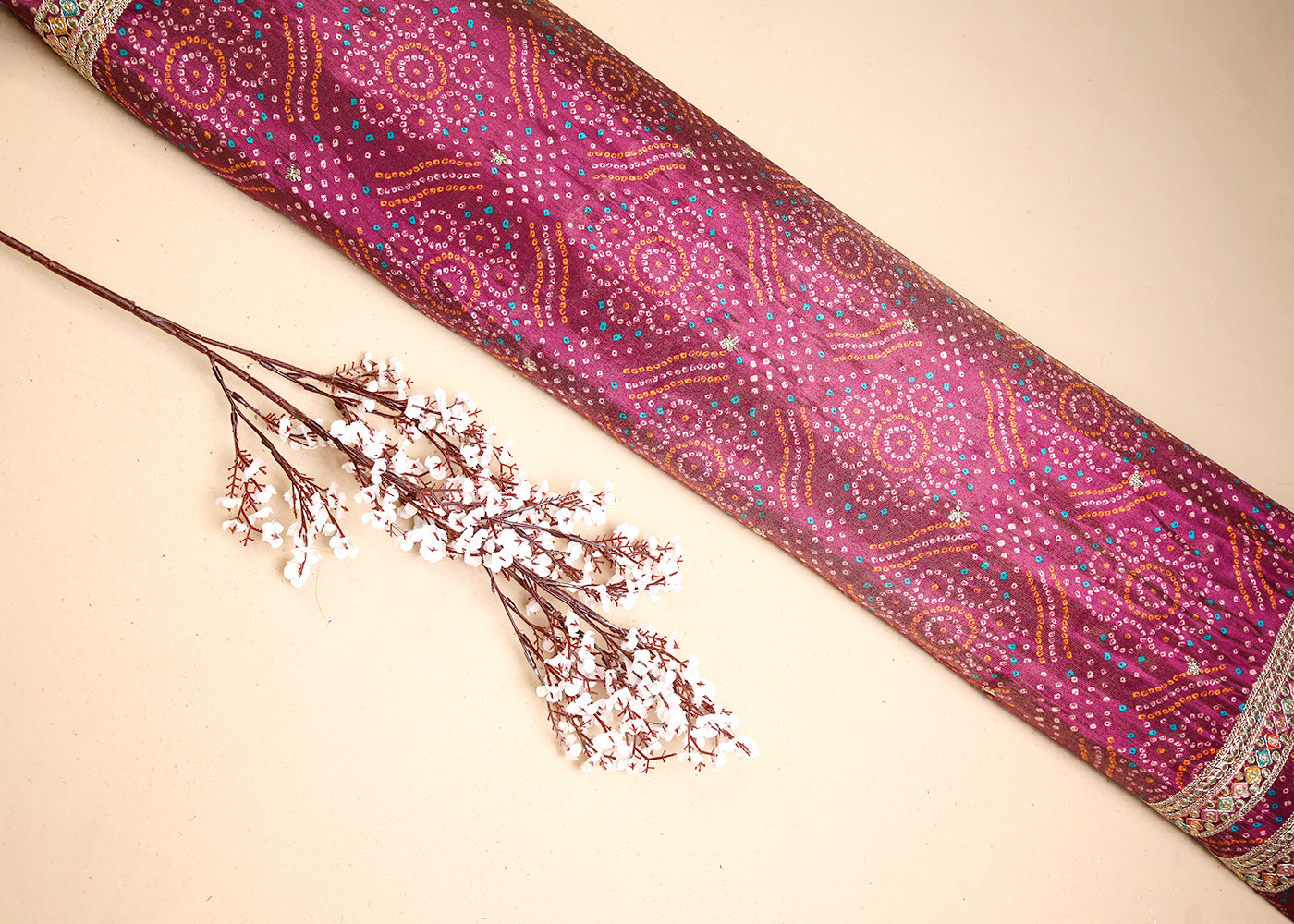 Purple Tissue Fabric With All Over Bandhani Print, Thread, Sequins And Zari Work With One Side Border 16797