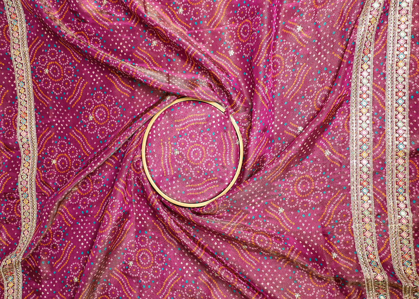 Purple Tissue Fabric With All Over Bandhani Print, Thread, Sequins And Zari Work With One Side Border 16797