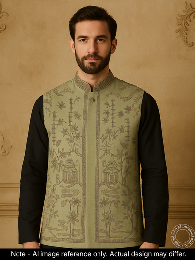 The Riwaayat – Unstitched Green Nehru Jacket Fabric for Men 16814
