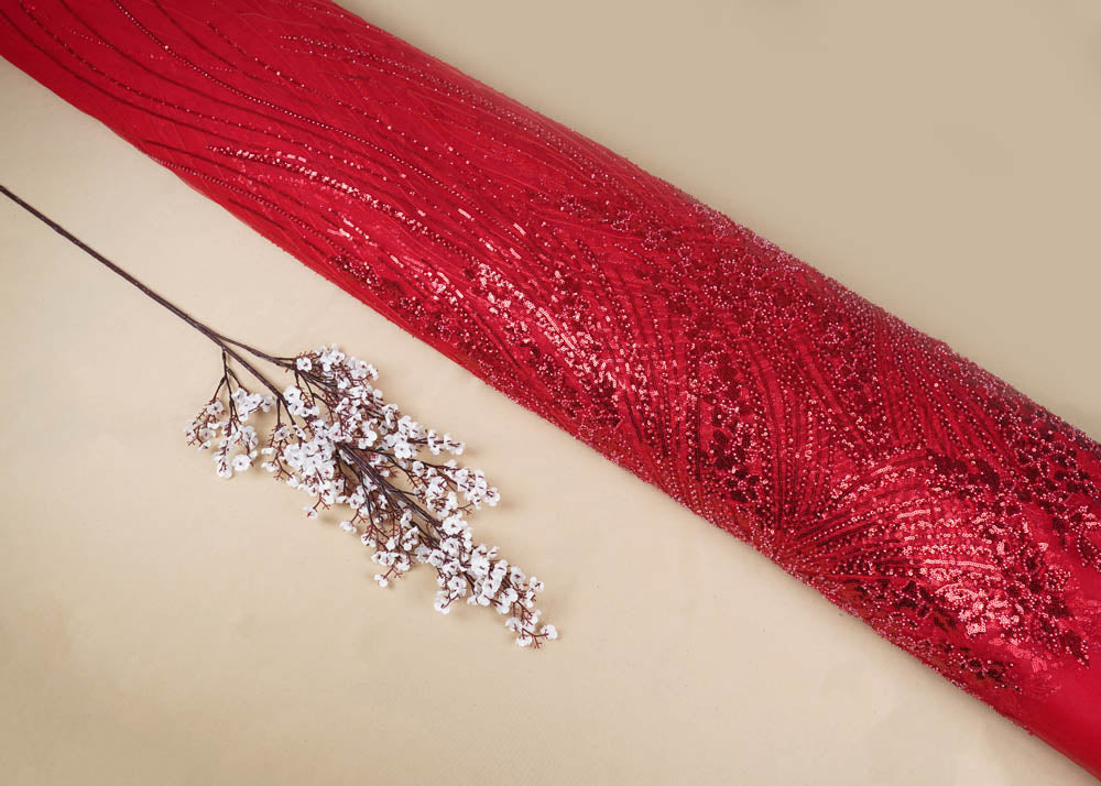 Red Imported Net Fabric With All Over Sequins And Bead Work With One Side Border 16844