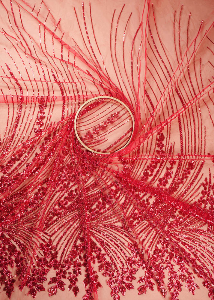 Red Imported Net Fabric With All Over Sequins And Bead Work With One Side Border 16844