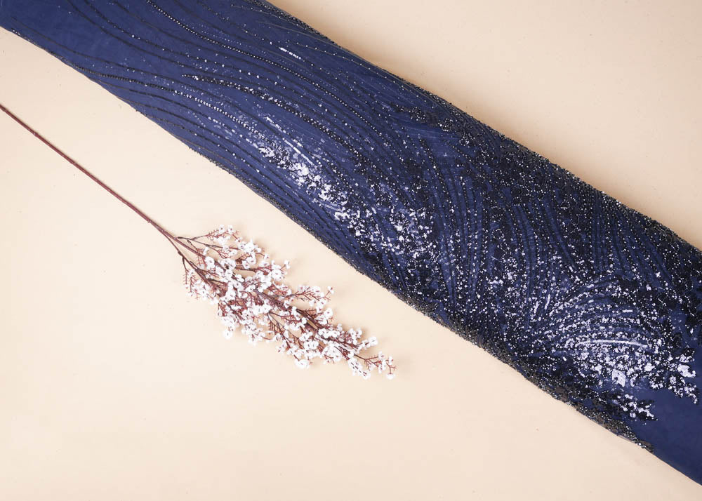 Navy Blue Imported Net Fabric With All Over Sequins And Bead Work With One Side Border 16845