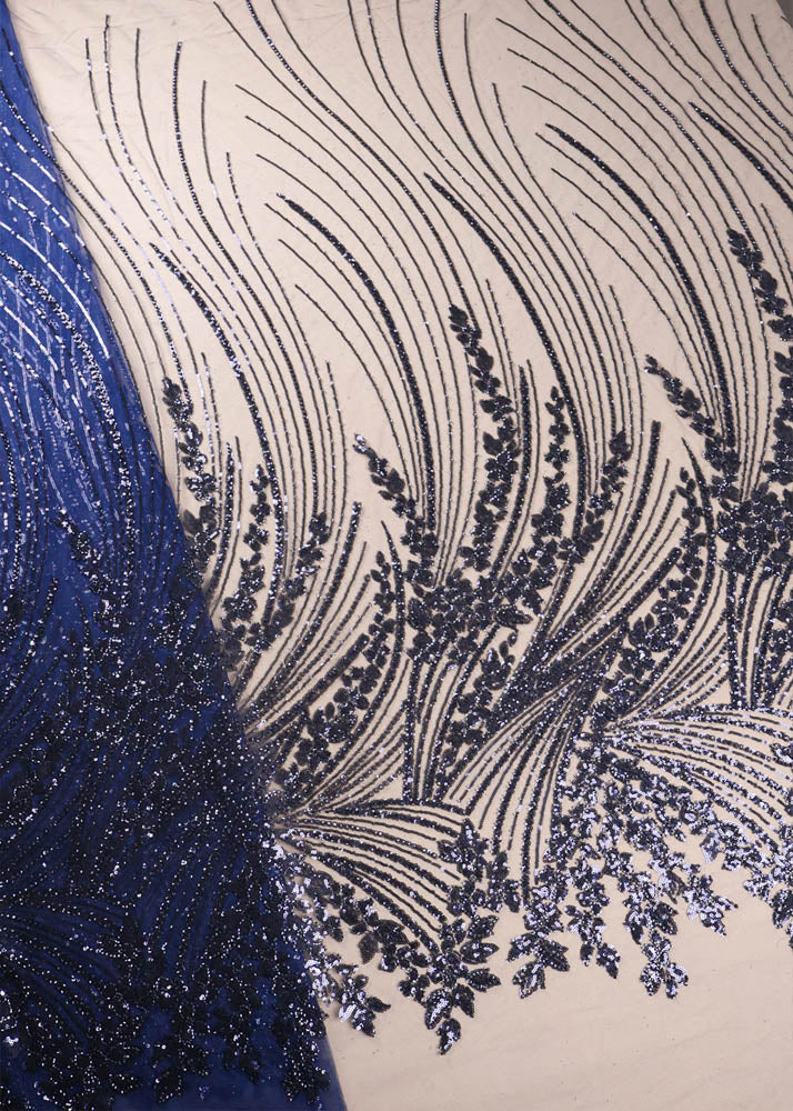 Navy Blue Imported Net Fabric With All Over Sequins And Bead Work With One Side Border 16845