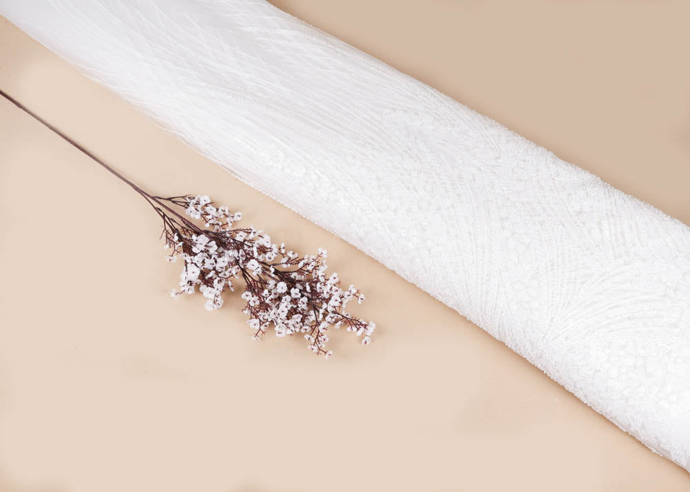 White Imported Net Fabric With All Over Sequins And Bead Work With One Side Border 16846