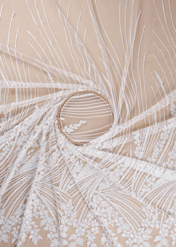 White Imported Net Fabric With All Over Sequins And Bead Work With One Side Border 16846