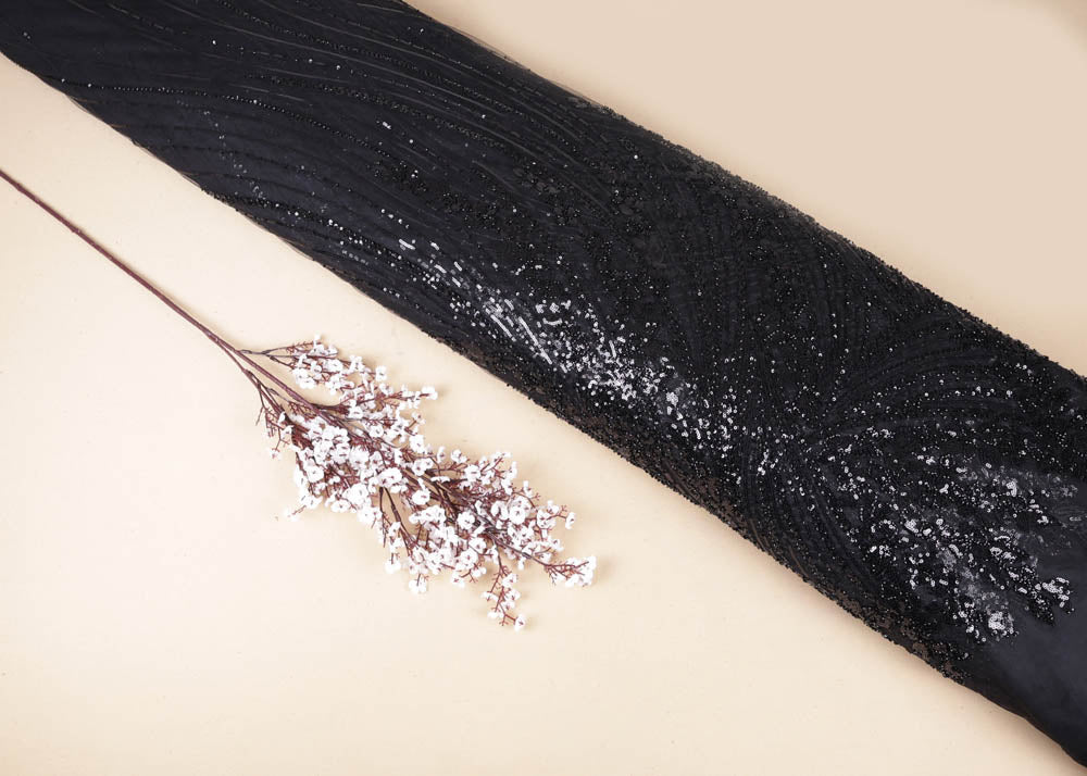 Black Imported Net Fabric With All Over Sequins And Bead Work With One Side Border 16847
