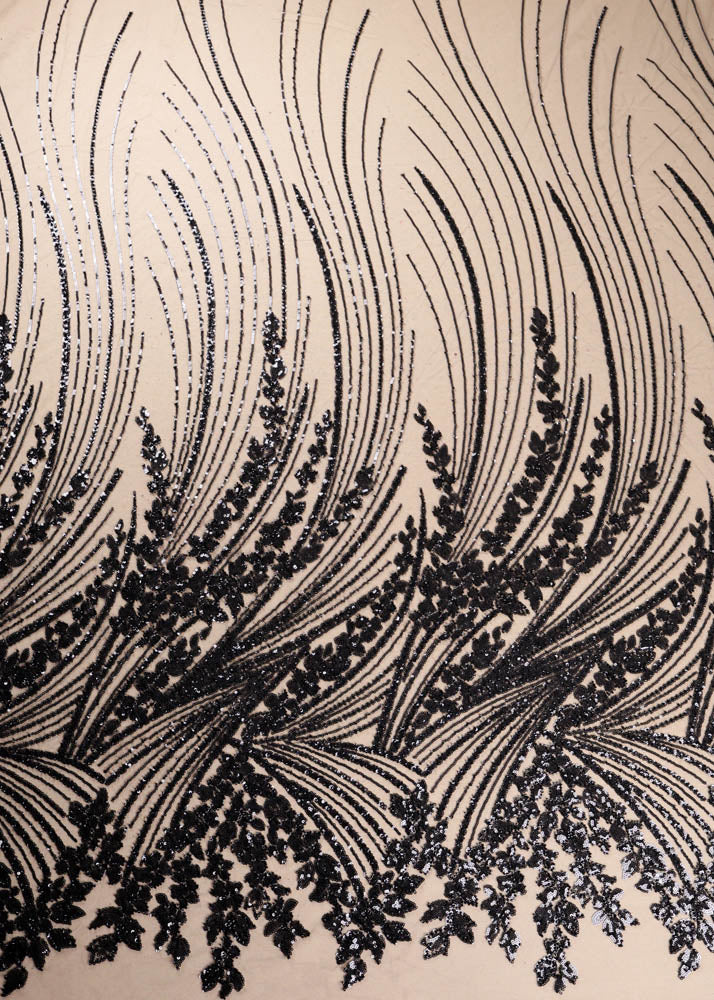 Black Imported Net Fabric With All Over Sequins And Bead Work With One Side Border 16847