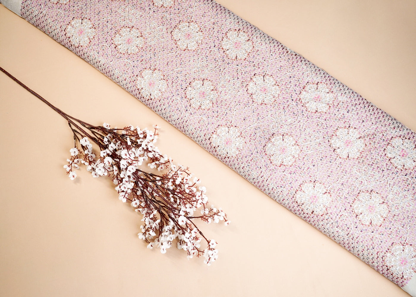 Cream Velvet Fabric With All Over Multi-Color Thread Work 16853