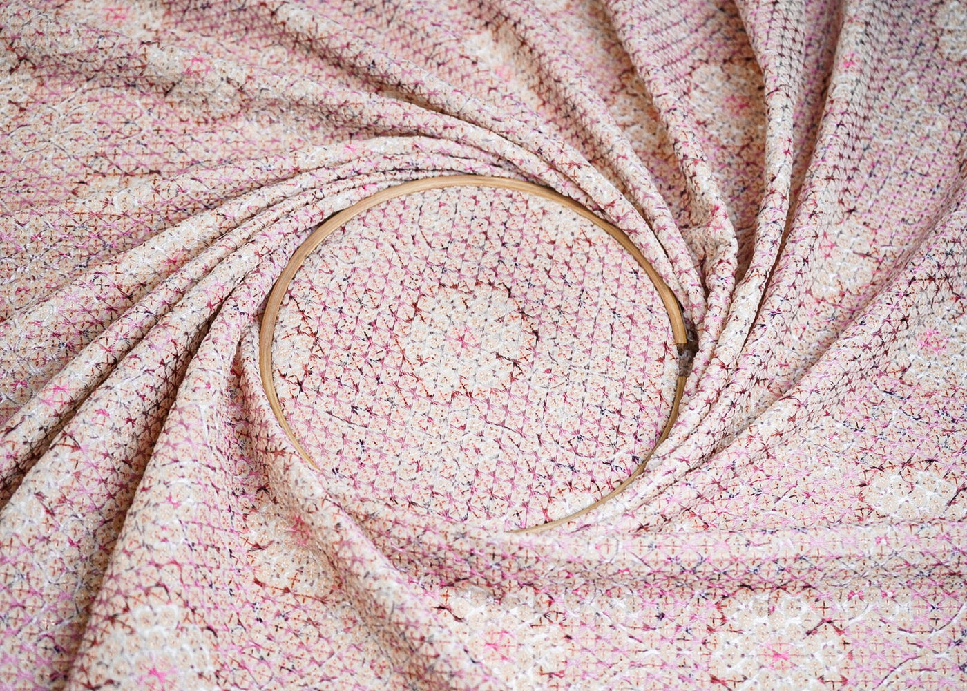 Cream Velvet Fabric With All Over Multi-Color Thread Work 16853