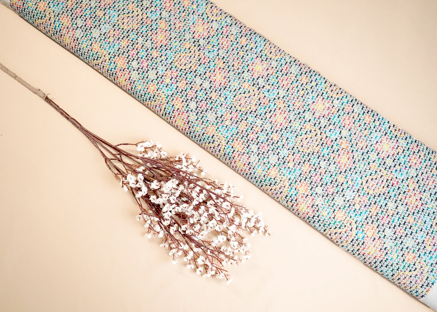 Cream Velvet Fabric With All Over Multi-Color Thread Work 16854