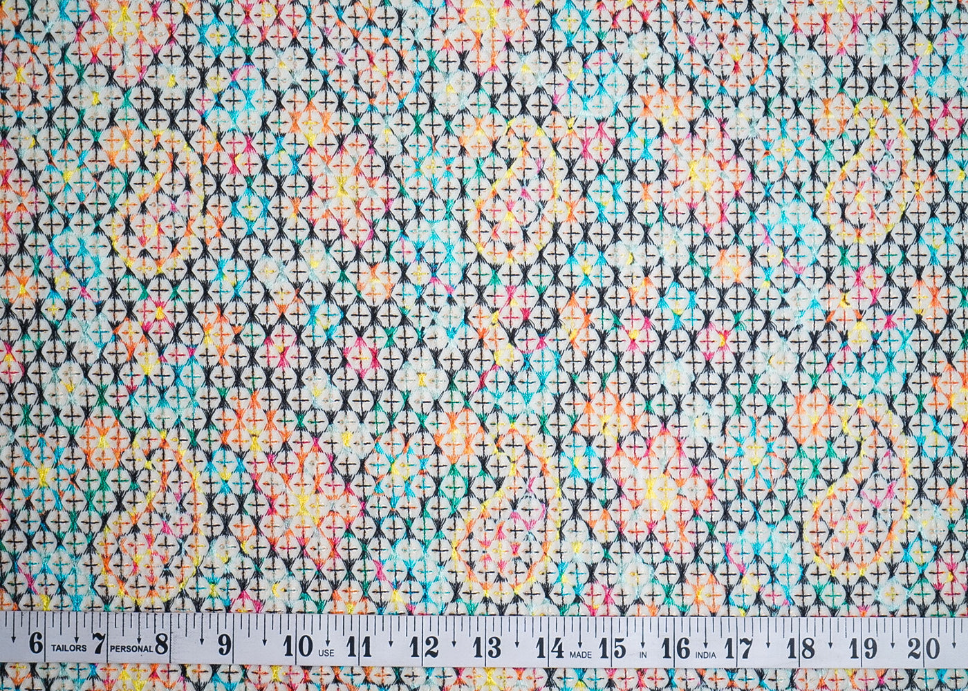 Cream Velvet Fabric With All Over Multi-Color Thread Work 16854