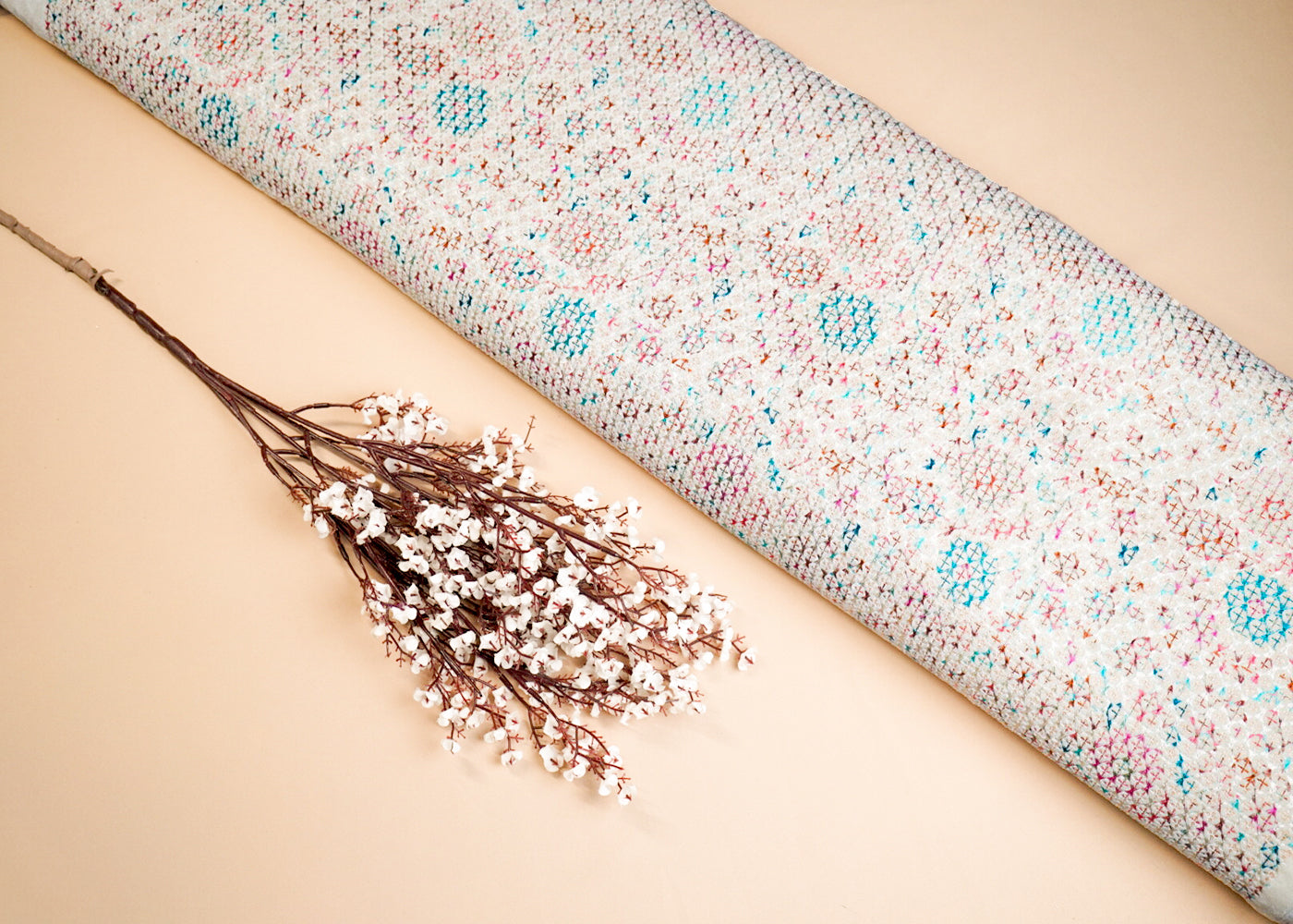 Cream Velvet Fabric With All Over Multi-Color Thread Work 16855