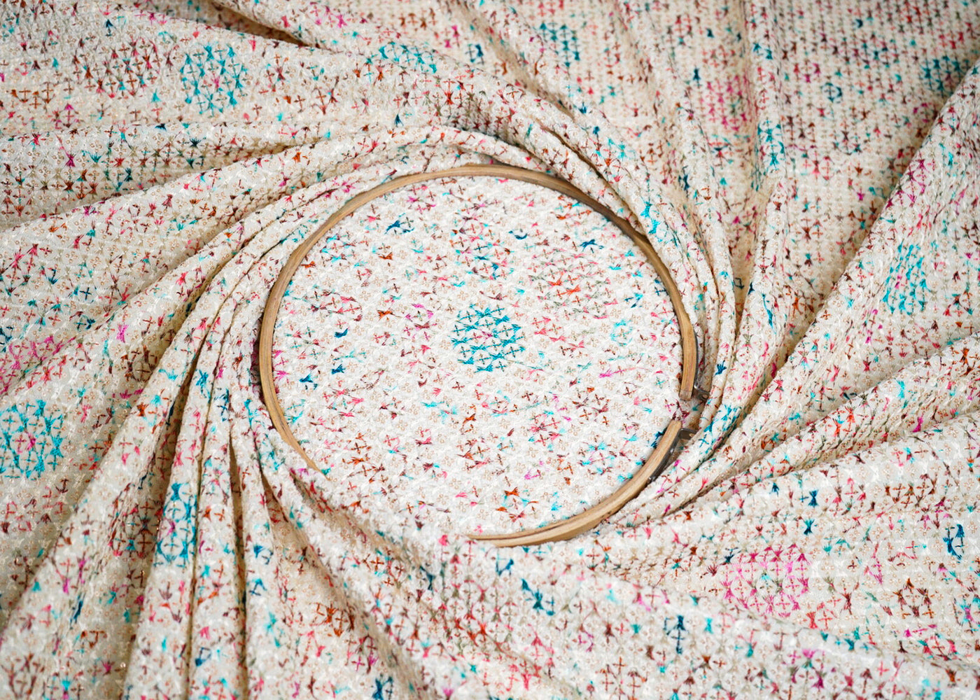 Cream Velvet Fabric With All Over Multi-Color Thread Work 16855