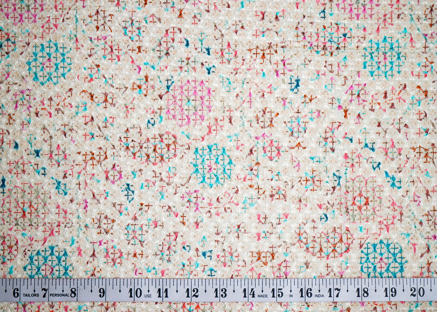 Cream Velvet Fabric With All Over Multi-Color Thread Work 16855