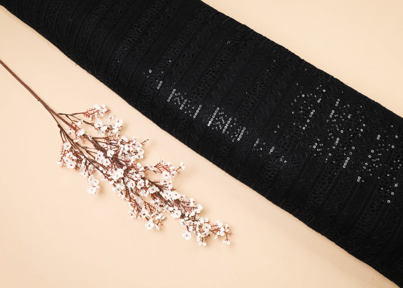 Black Imported Net Fabric With All Over Thread And Sequins Work 16858