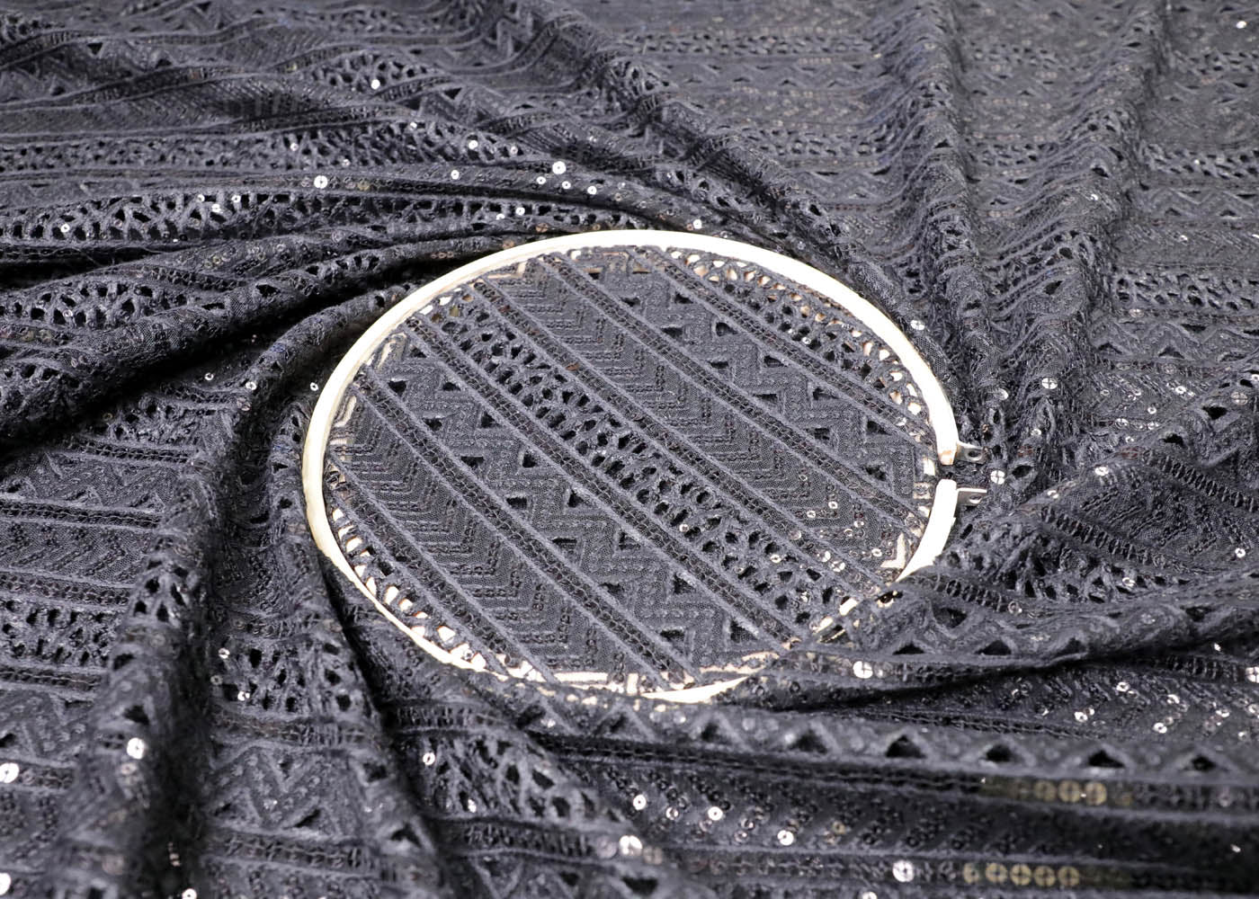 Black Imported Net Fabric With All Over Thread And Sequins Work 16858