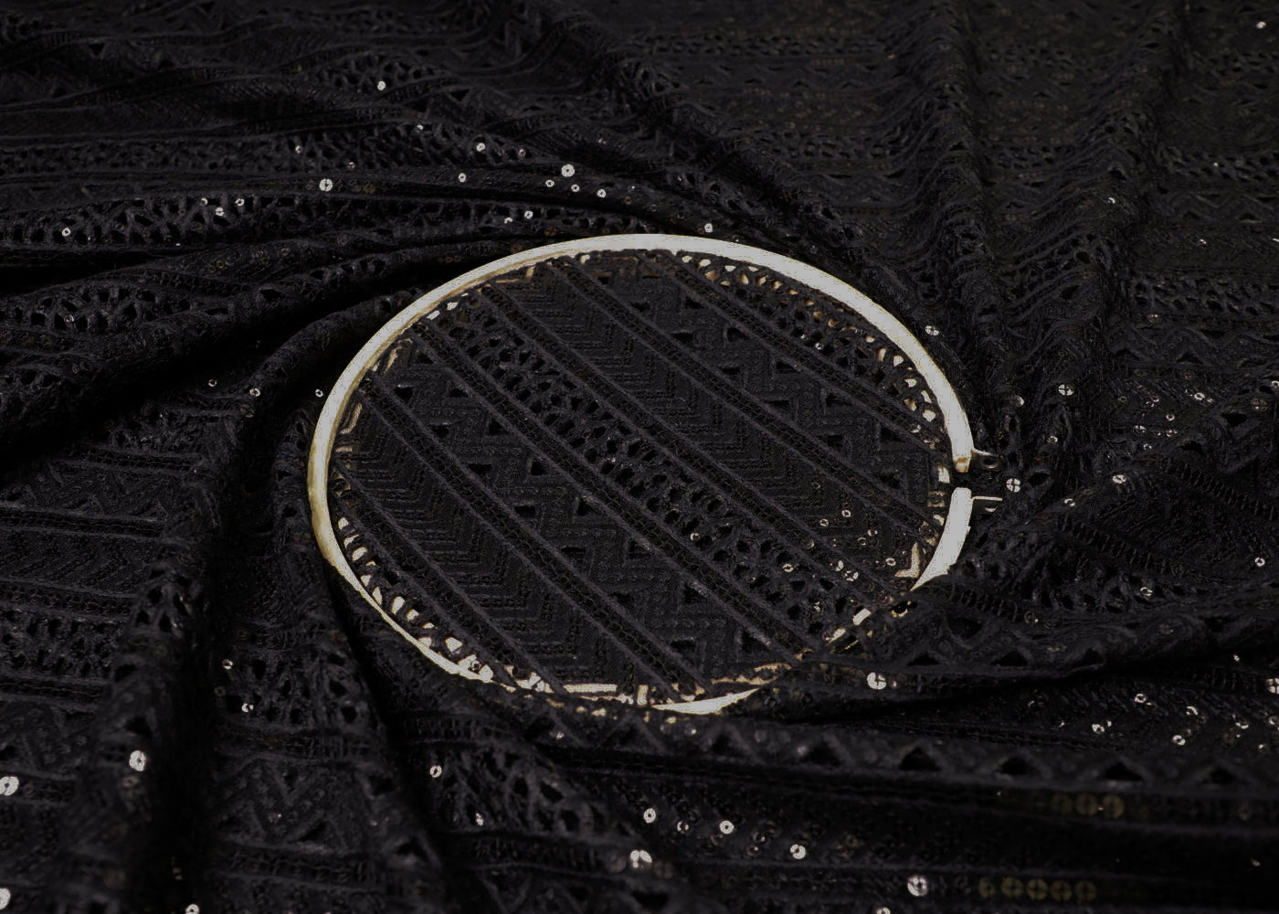 Black Imported Net Fabric With All Over Thread And Sequins Work 16858