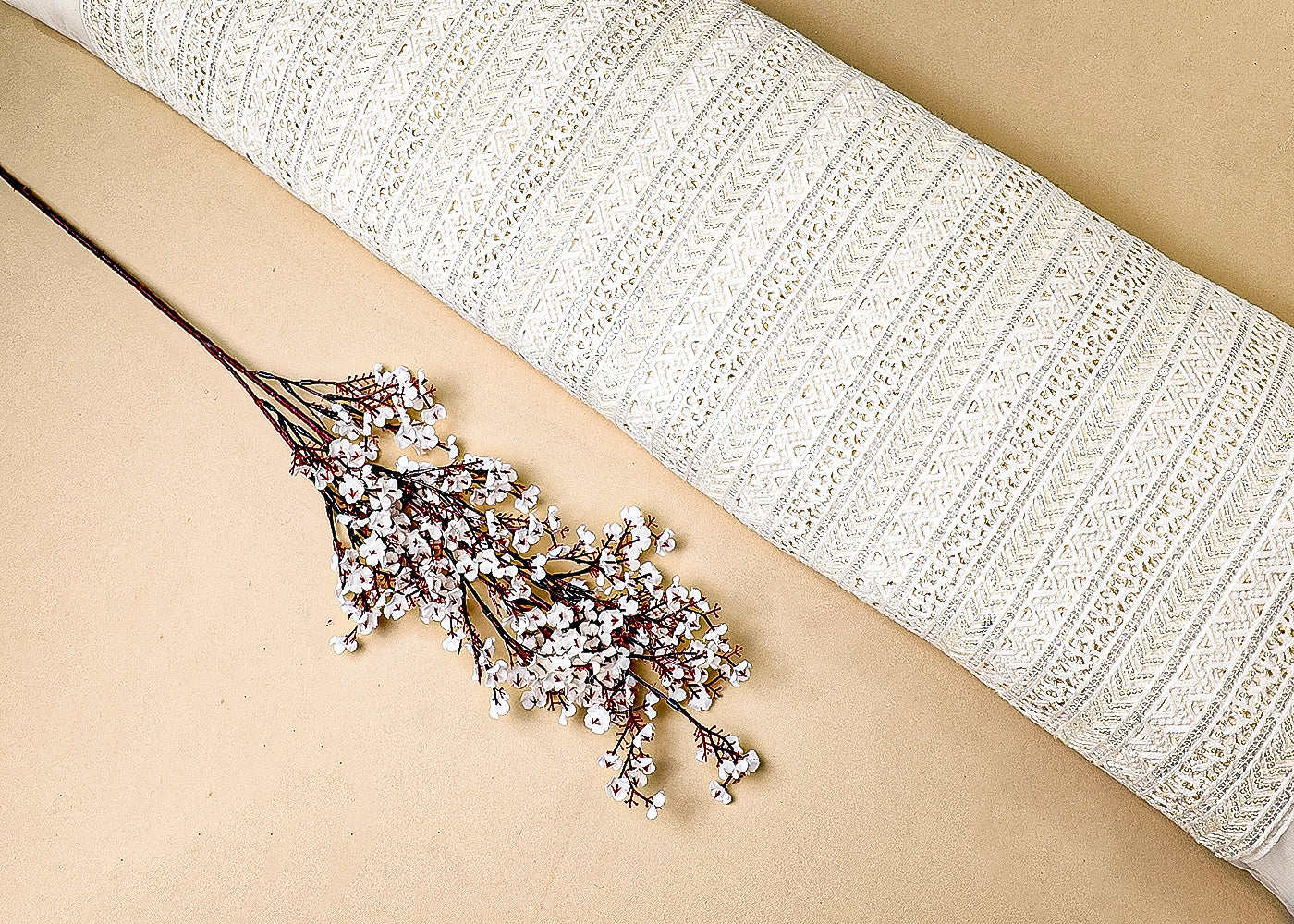 White Net Fabric With All Over Thread, Sequins And Cutwork 16859