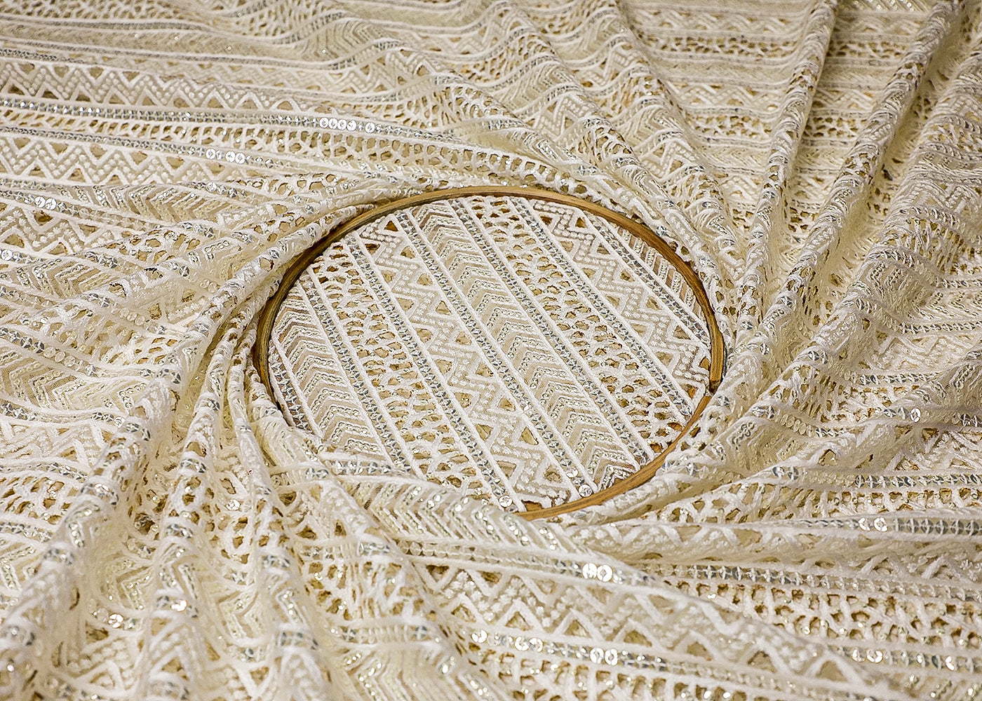 White Net Fabric With All Over Thread, Sequins And Cutwork 16859