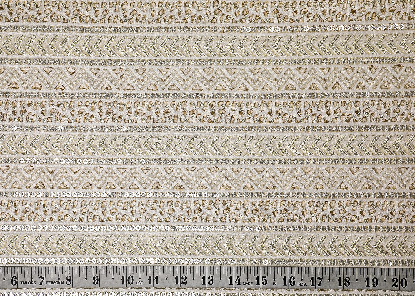 White Net Fabric With All Over Thread, Sequins And Cutwork 16859