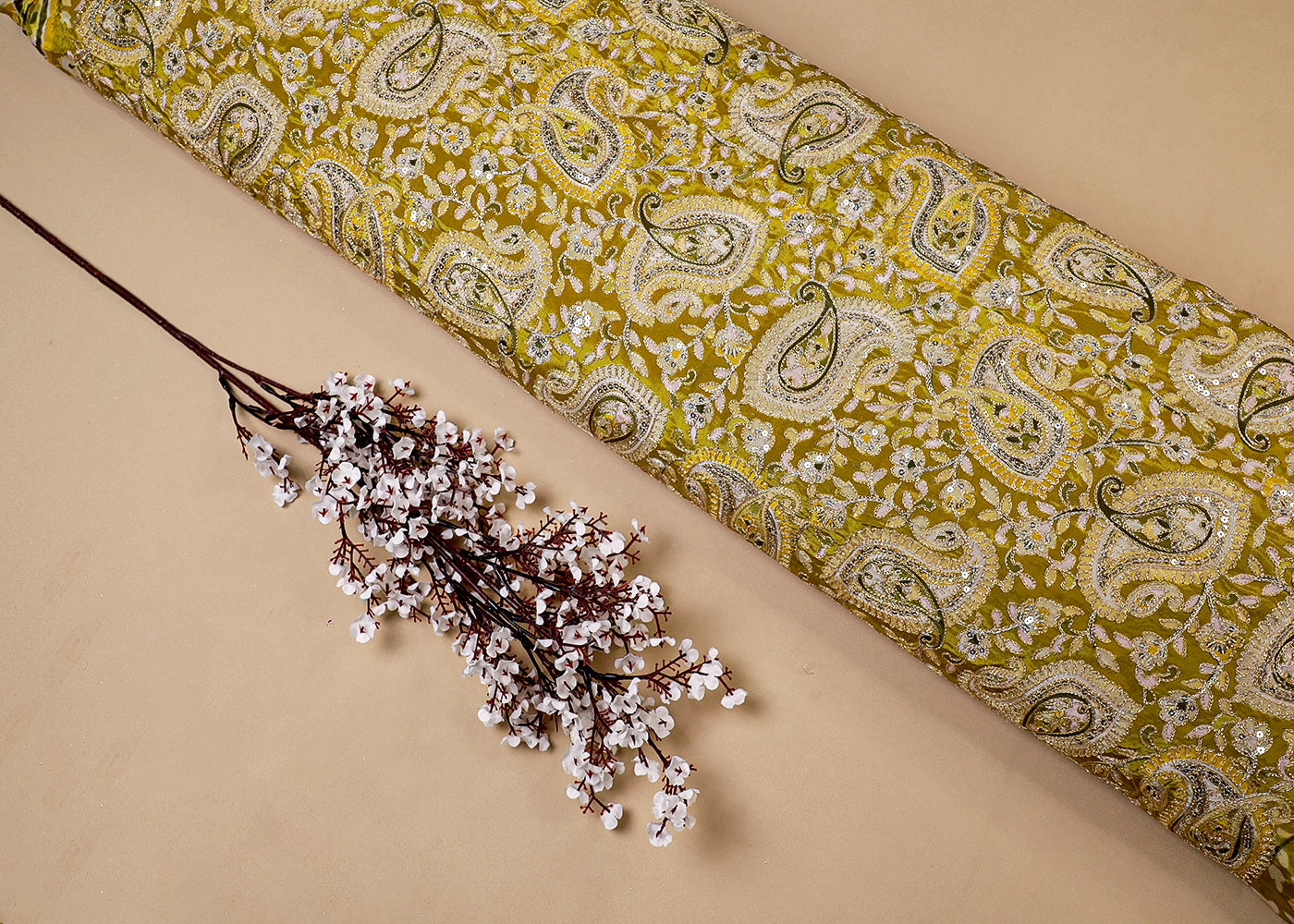 Light Green Crepe Fabric With All Over Traditional Print With Zari And Sequins Work 16860