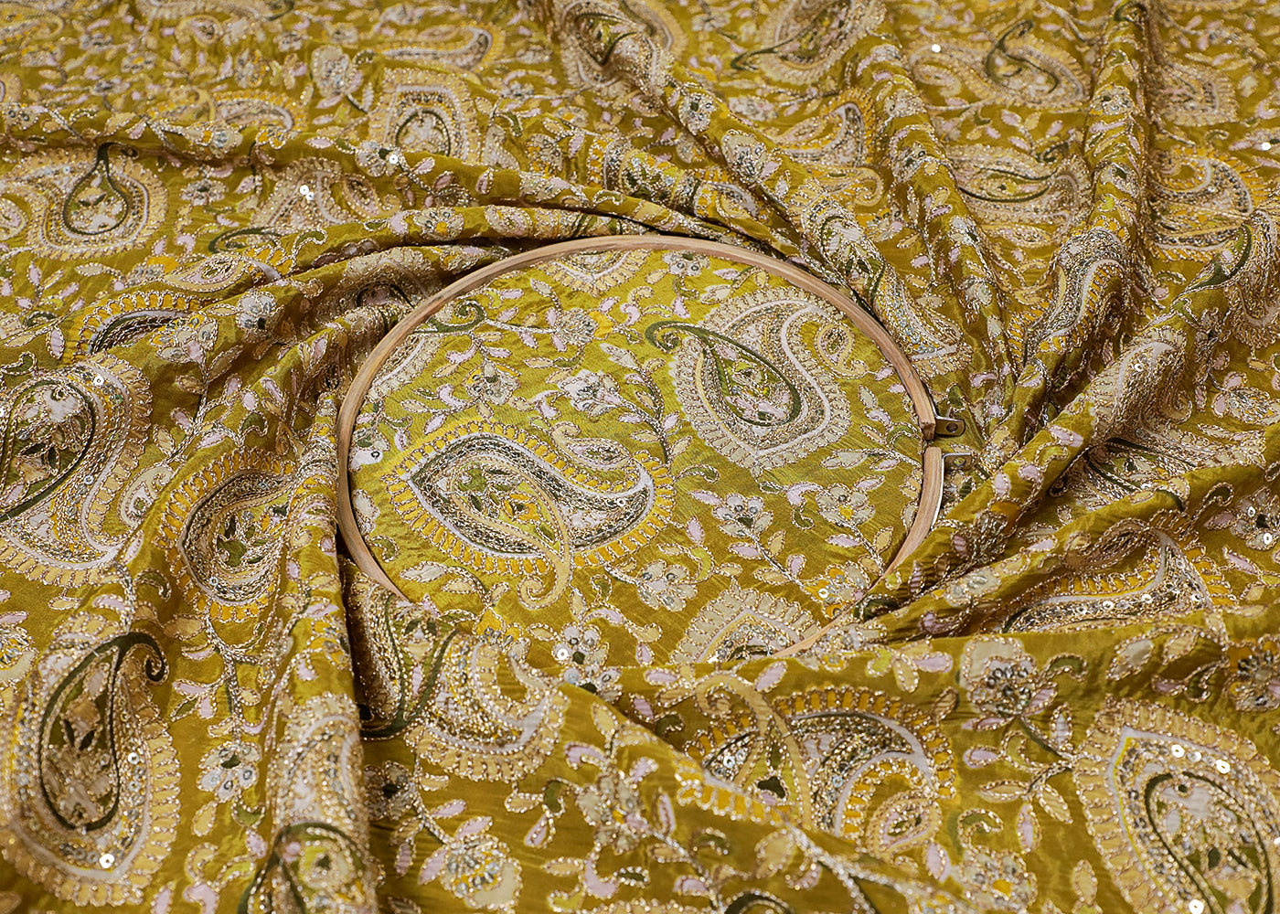 Light Green Crepe Fabric With All Over Traditional Print With Zari And Sequins Work 16860