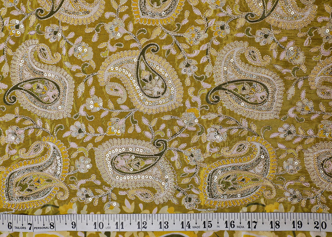 Light Green Crepe Fabric With All Over Traditional Print With Zari And Sequins Work 16860