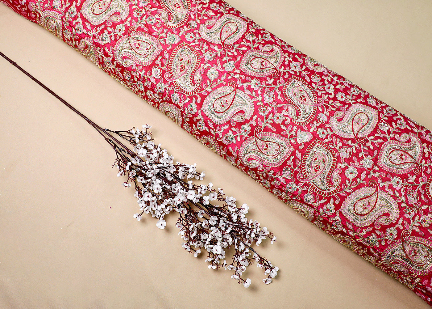 Pink Crepe Fabric With All Over Traditional Print With Zari And Sequins Work 16861
