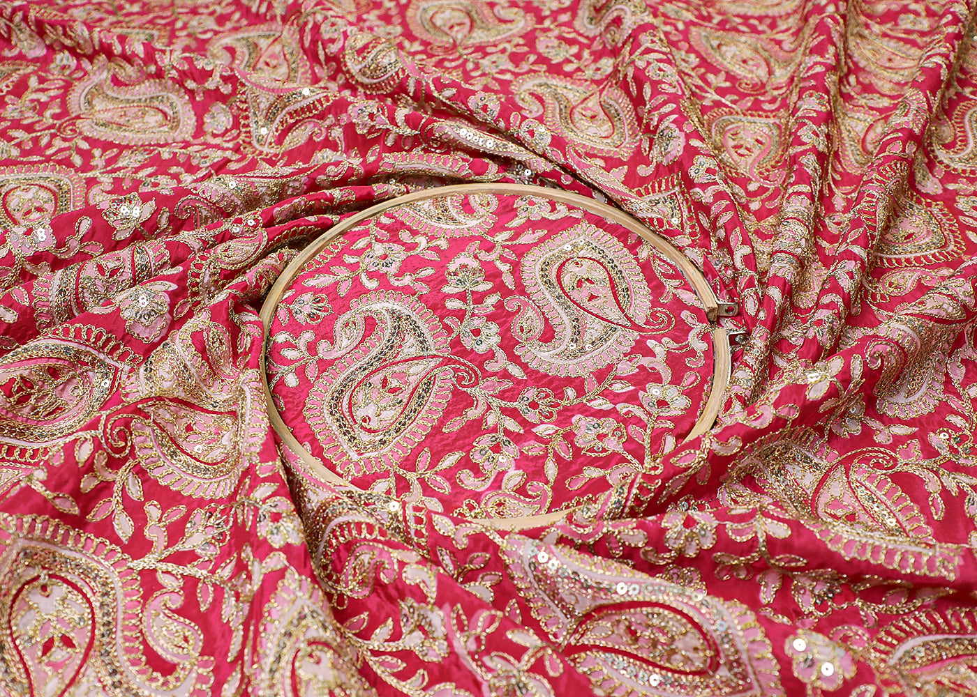 Pink Crepe Fabric With All Over Traditional Print With Zari And Sequins Work 16861