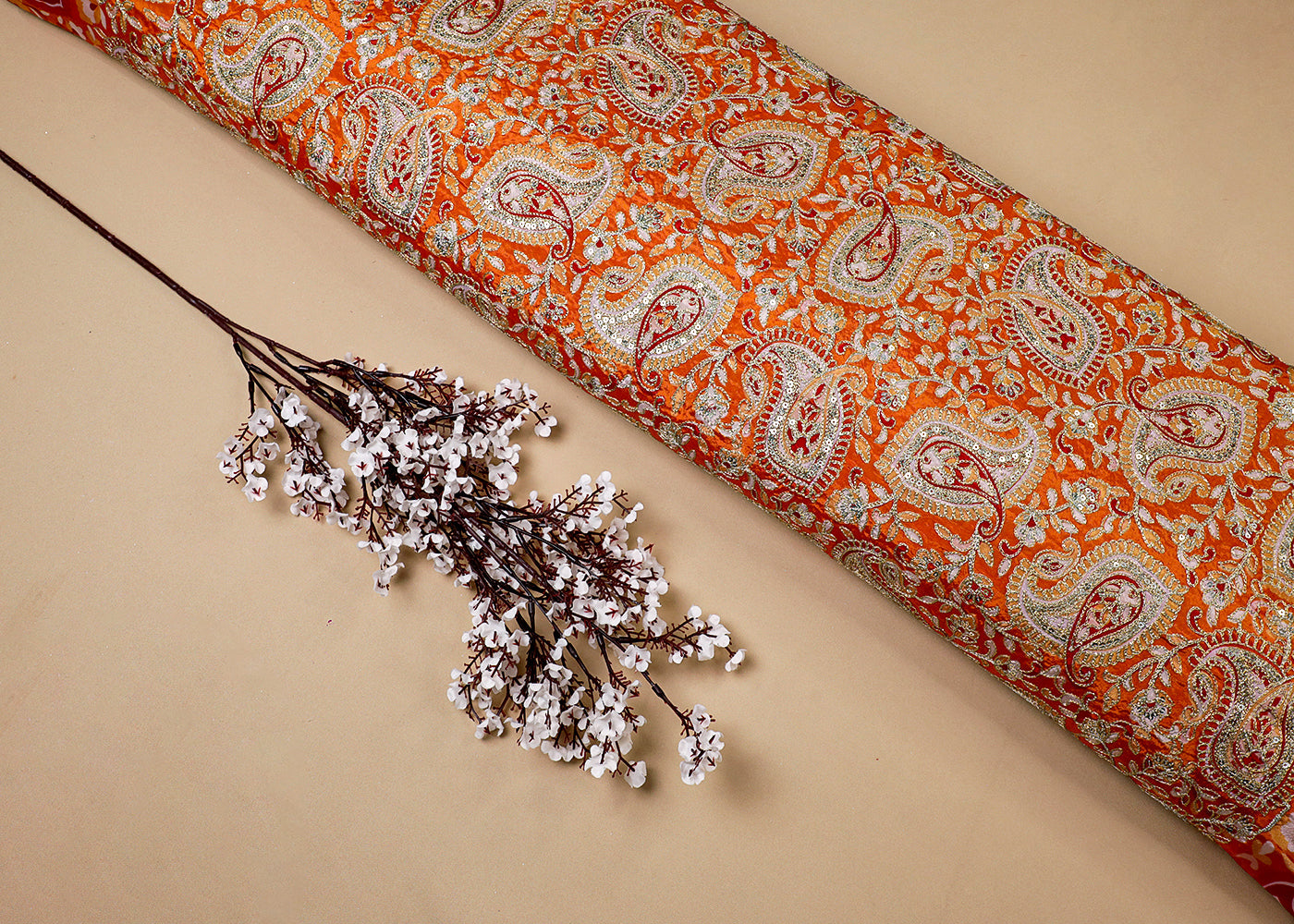 Orange Crepe Fabric With All Over Traditional Print With Zari And Sequins Work 16862