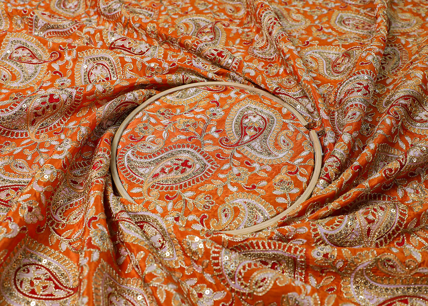Orange Crepe Fabric With All Over Traditional Print With Zari And Sequins Work 16862