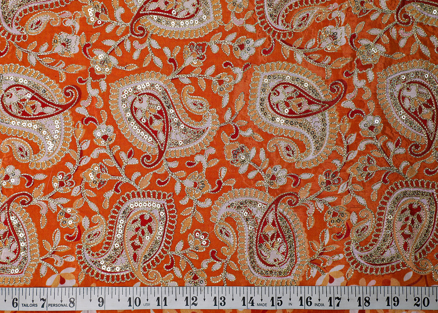 Orange Crepe Fabric With All Over Traditional Print With Zari And Sequins Work 16862