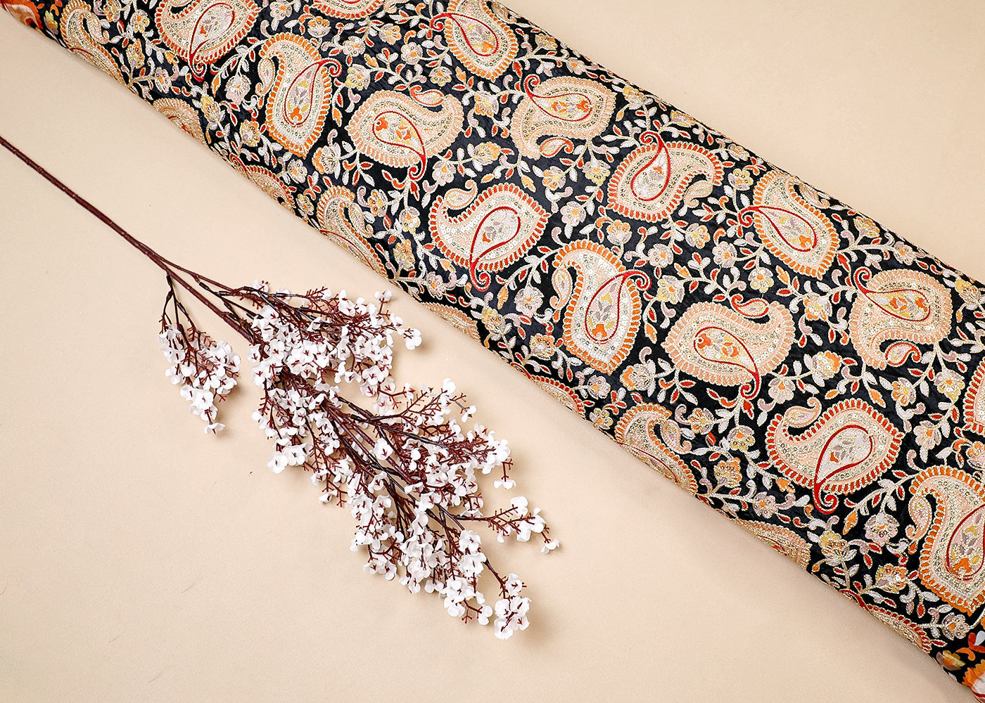 Black Crepe Fabric With All Over Traditional Print With Zari And Sequins Work 16863