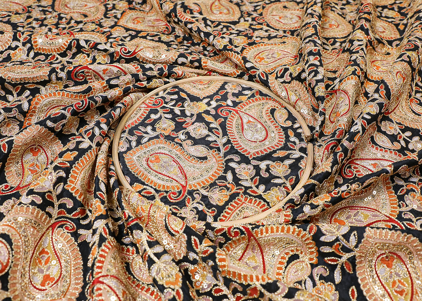 Black Crepe Fabric With All Over Traditional Print With Zari And Sequins Work 16863